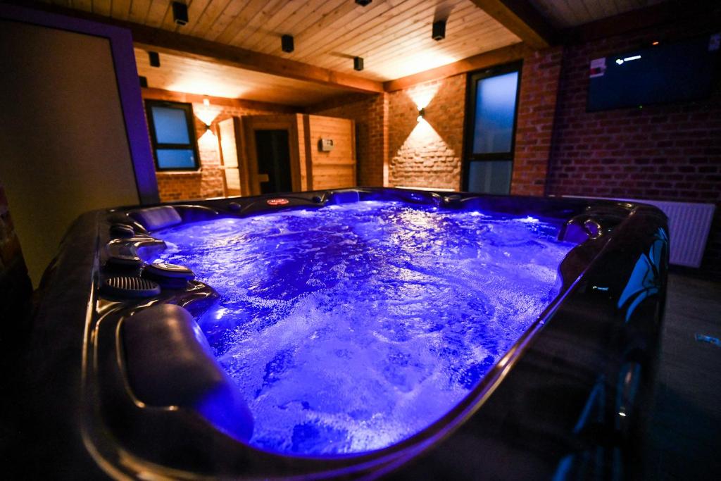 a jacuzzi tub in a room with blue water at Vila Breza in Laktaši