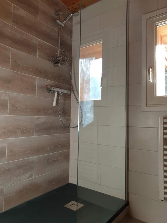 La salle de bains est pourvue d'une douche avec une porte en verre. dans l'établissement Le Bivouac, à Chamonix-Mont-Blanc