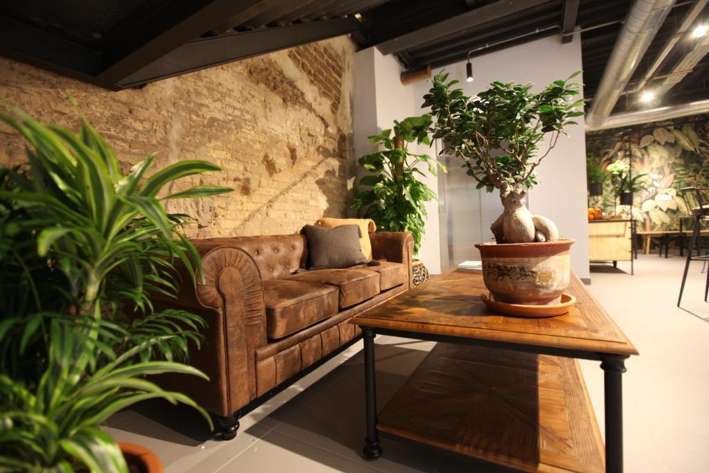 a living room with a couch and a table with plants at AZ The Botanic Hostel in Zaragoza