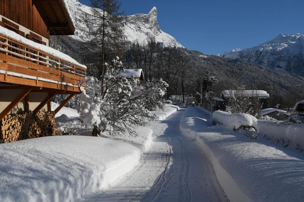 uma estrada coberta de neve ao lado de uma casa em Face Mont-Blanc em Passy