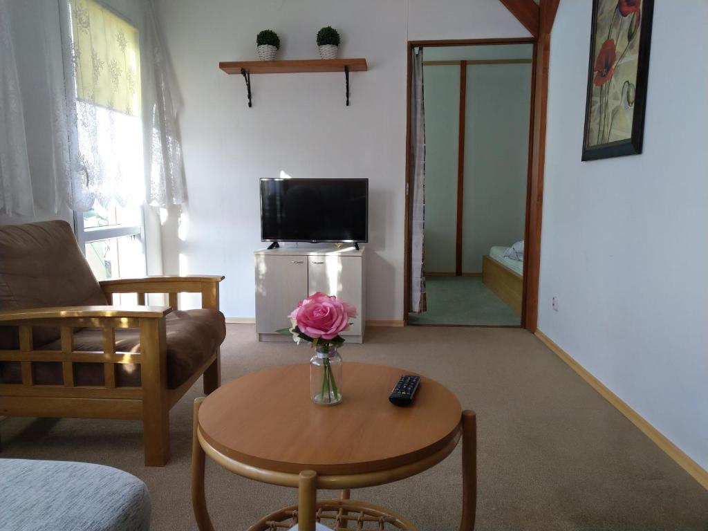 een woonkamer met een vaas met bloemen op een tafel bij Apartmány U Aničky in Lipova Lazne