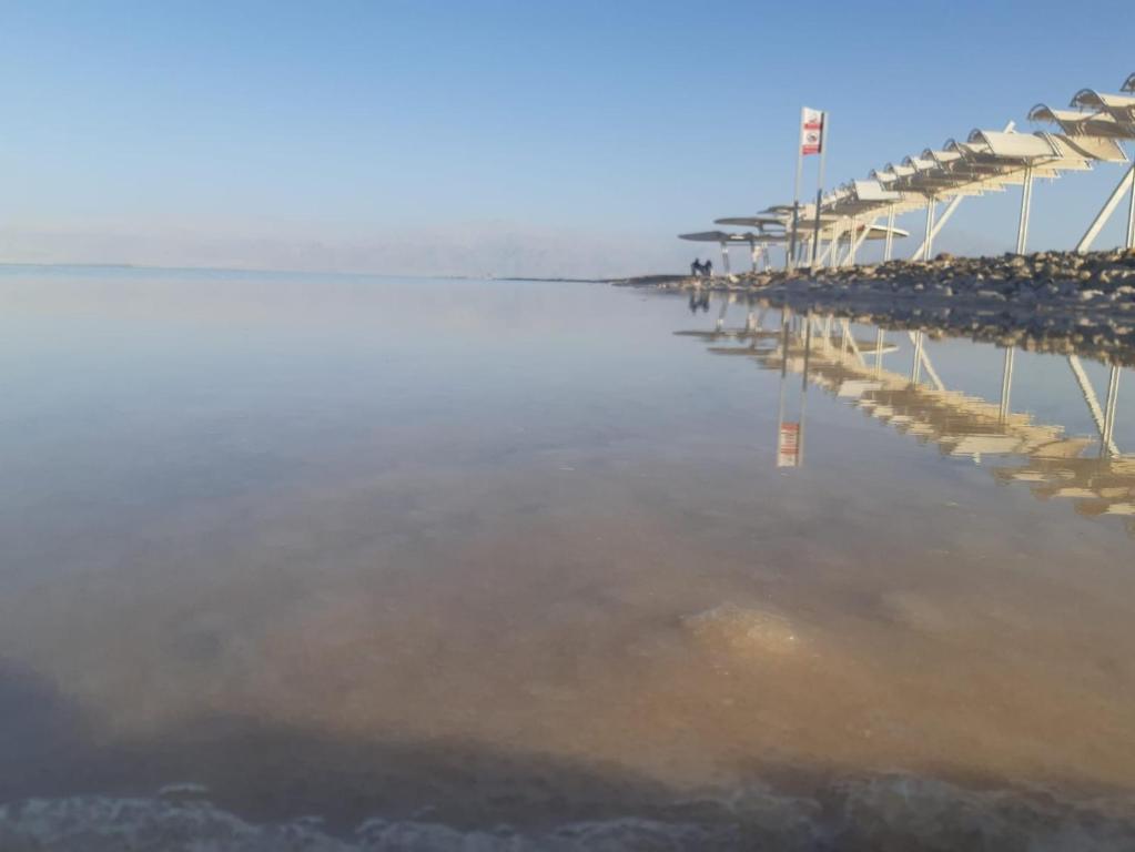 a large body of water with umbrellas and chairs at Adam s apartments entrance to Neve Zohar in Neve Zohar