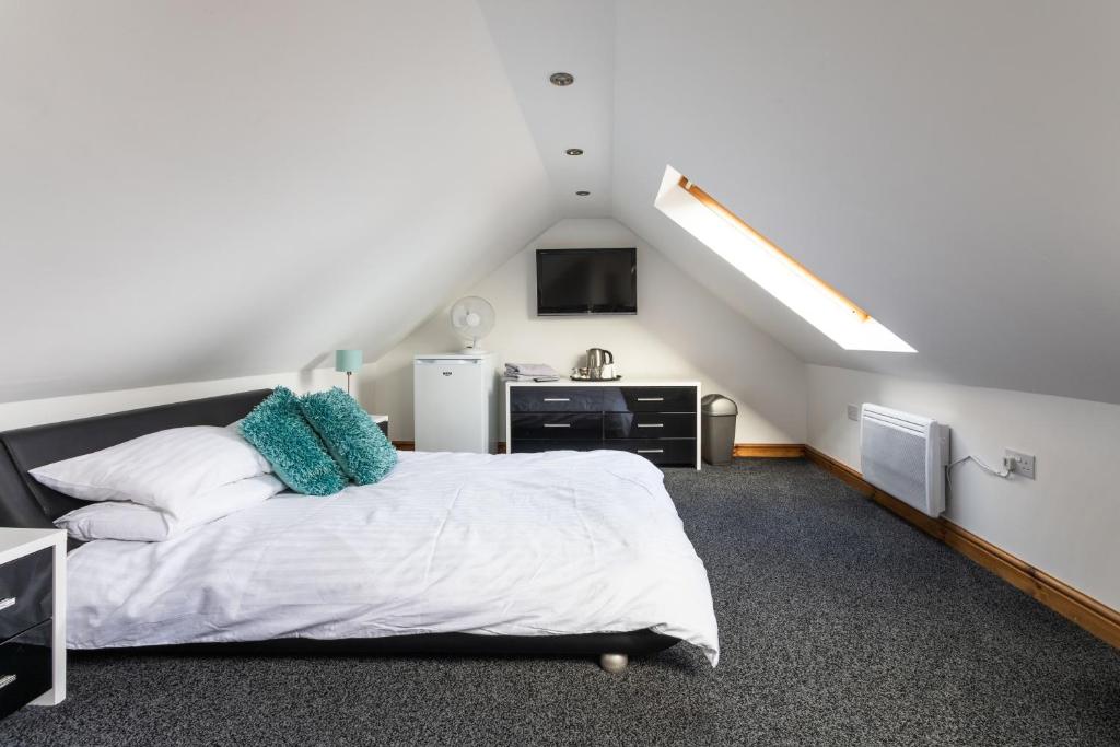 a bedroom with a bed and a tv in a attic at The Garage @ The Old Vicarage in Swansea
