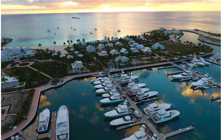 an aerial view of a marina with boats in the water at Chub Cay Resort & Marina in Chub Cay