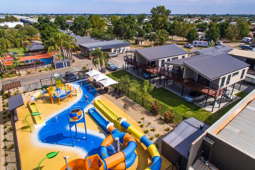 an aerial view of a water park with a water slide at All Seasons Mildura Holiday Park in Mildura