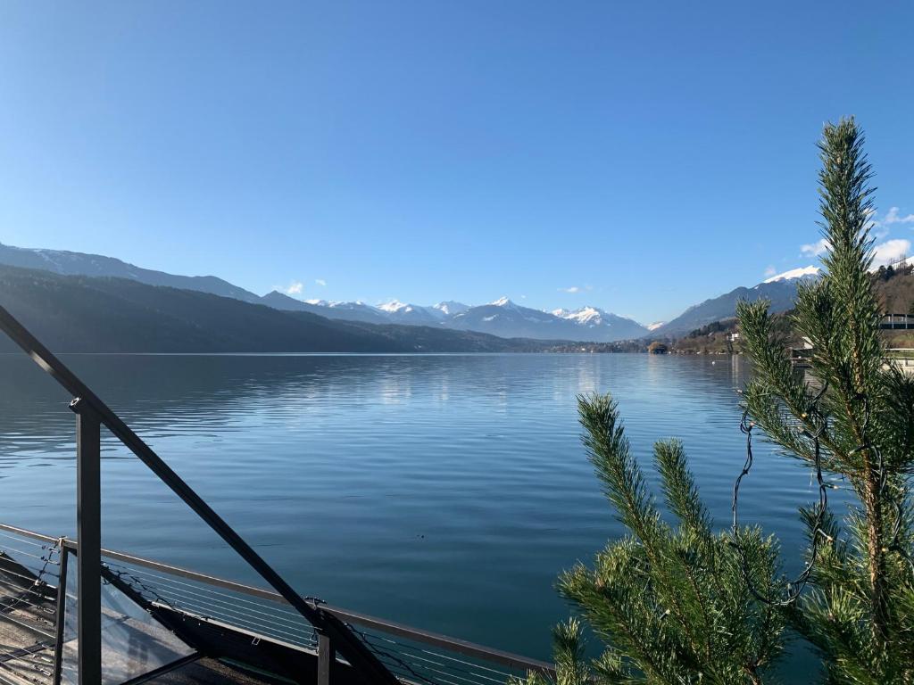 シュタインドルフ・アム・オシアッハー・ゼーにあるSeerestaurant & Suiten Hayatの山々を背景にした湖の景色