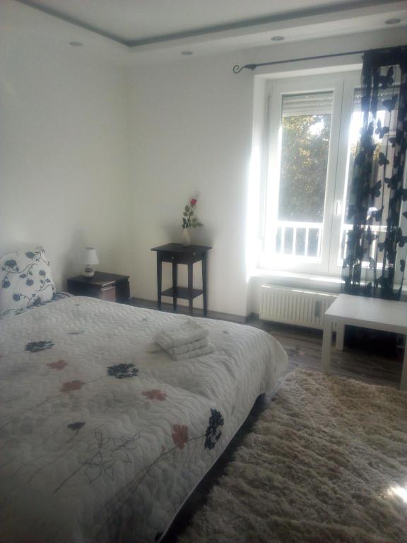 a bedroom with a bed and a window at Rozinka apartman in Dunaújváros