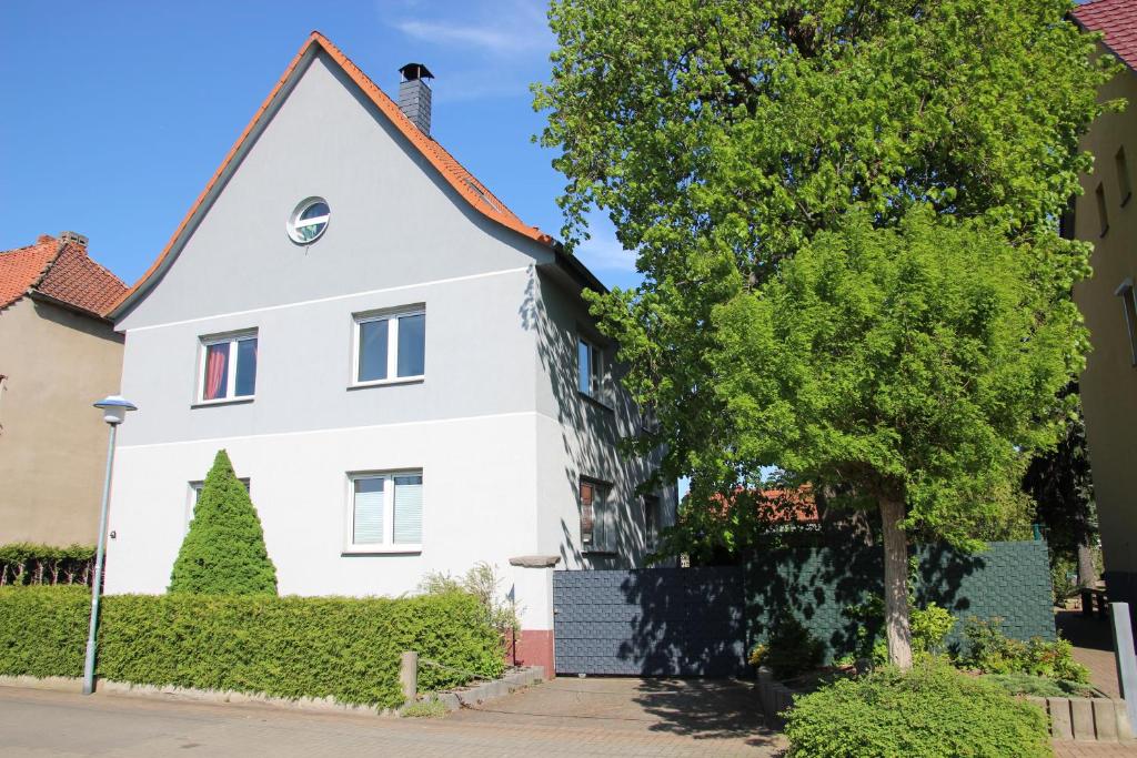 哈爾伯施塔特的住宿－Ferienwohnung Halberstadt，前面有一棵树的白色房子