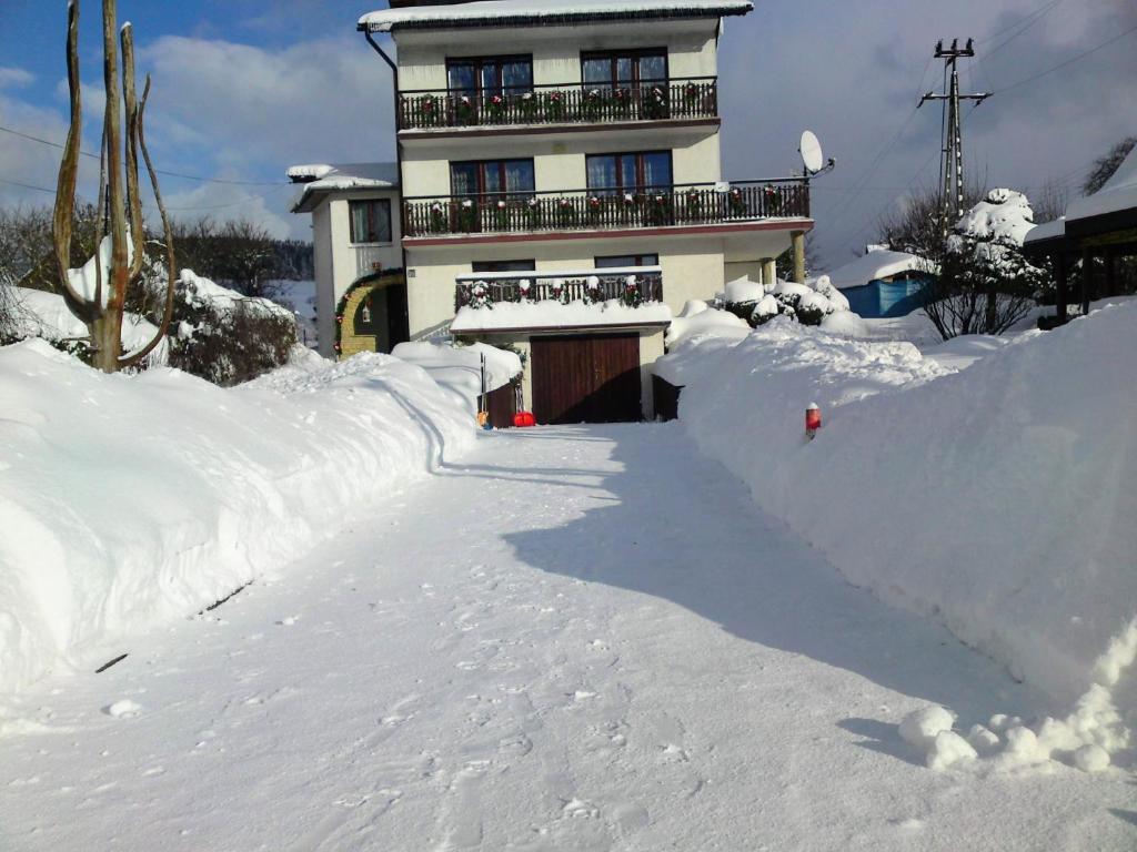 a house with a lot of snow in front of it at Apartament Frezja in Tylicz