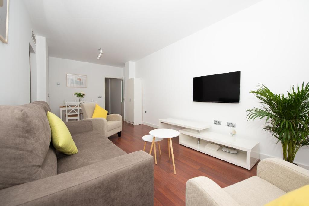 - un salon avec un canapé et une télévision dans l'établissement Ferrandiz Suite, à Malaga