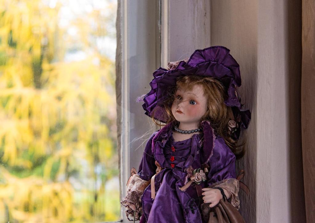 a doll in a purple dress leaning against a window at Dom otwarty in Jelenia Góra