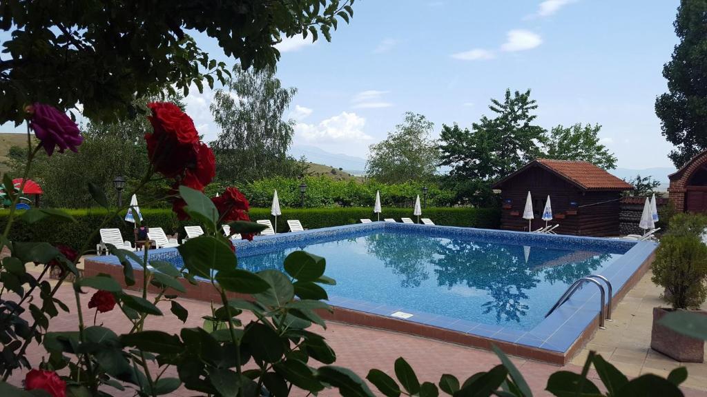 a swimming pool in a yard with a red flower at Hotel Villa Ofir in Sandanski