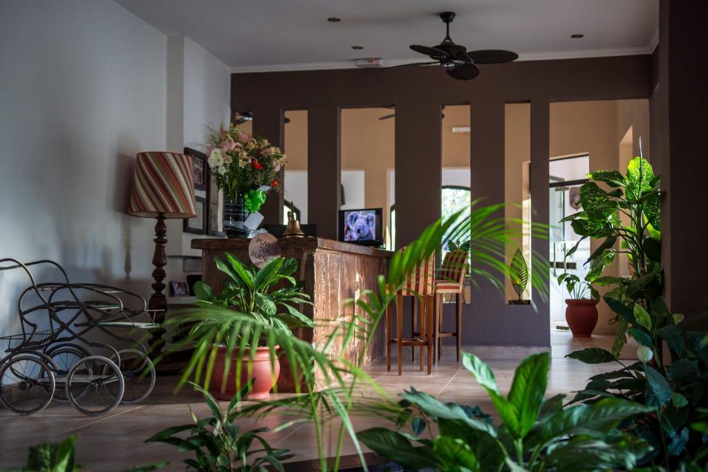 un salon avec des plantes et un ventilateur de plafond dans l'établissement Hotel del Ingenio, à Libertador General San Martín
