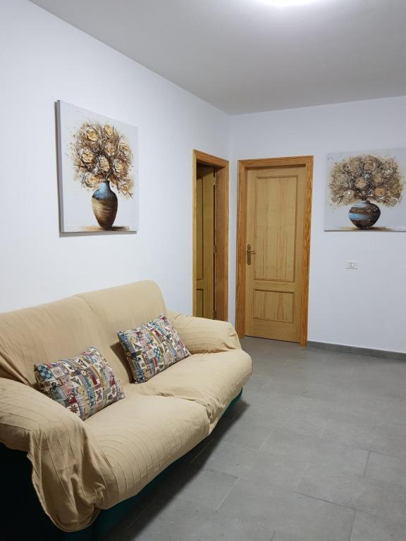 sala de estar con sofá y 2 almohadas en Apartamento privado en una zona tranquila y próxima al aeropuerto TF norte y a la ciudad de San Cristóbal de la Laguna . en La Laguna