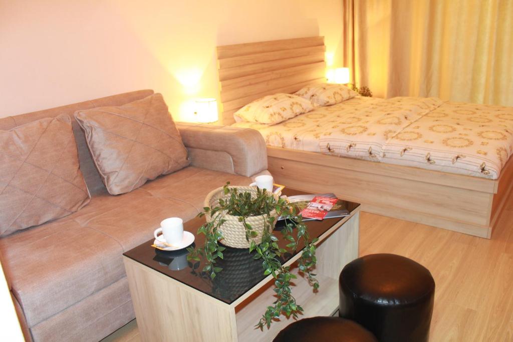 sala de estar con cama y sofá en Orbi Palace - Orbi Deluxe en Bakuriani