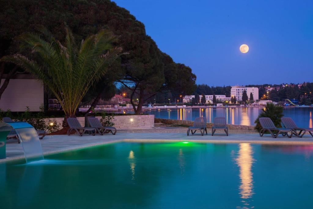 basen w nocy z księżycem na niebie w obiekcie Apartments Sain with garden terrace near the beach w Poreču