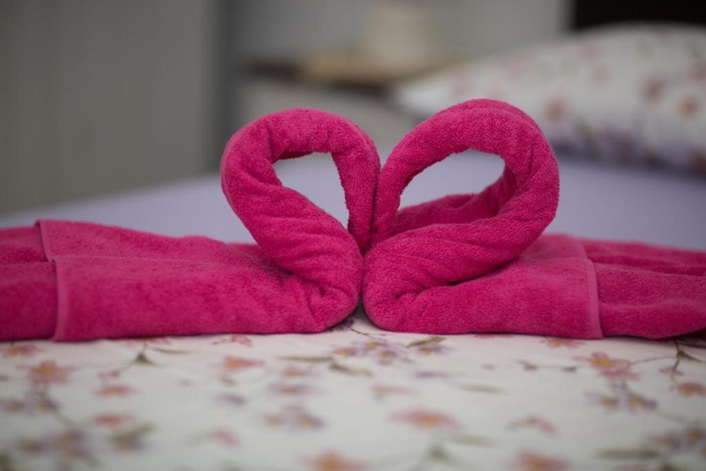 a pink towel with two hearts on a bed at Apartments Phoenix in Ivanica