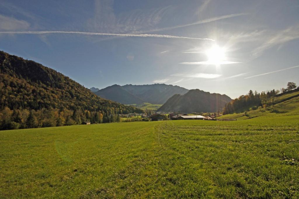 a field of green grass with the sun in the sky at Der Ottenhof in Walchsee