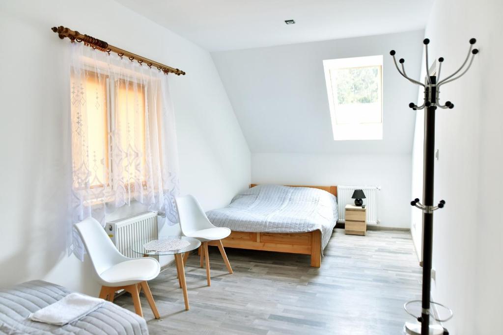 烏斯奇基的住宿－Baza noclegi Bieszczady，卧室配有一张床和一张桌子及椅子