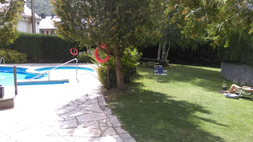 drzewo na środku podwórka z basenem w obiekcie Coma de Alba Benasque w mieście Benasque