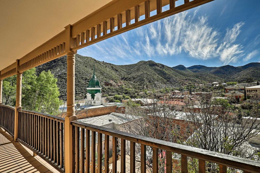 a balcony with a view of the mountains at Downtown Bisbee Home with Unique Mountain Views in Bisbee