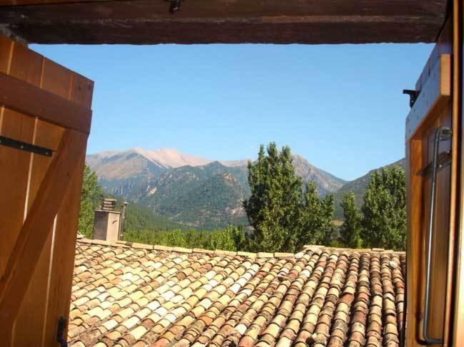 a view of a tile roof with mountains in the background at Apartamentos Turismo Rural Casa Santorroman in Campo