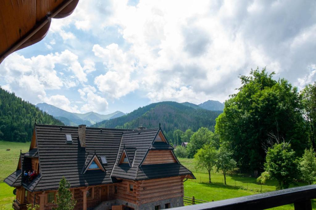 a house with a roof with mountains in the background at Willa Pod Nosalem III in Zakopane