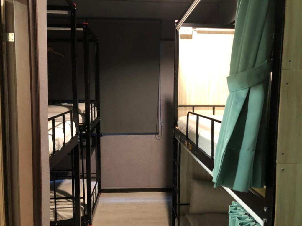 a room with two bunk beds and a window at Backpackers Hostel - Ximen in Taipei