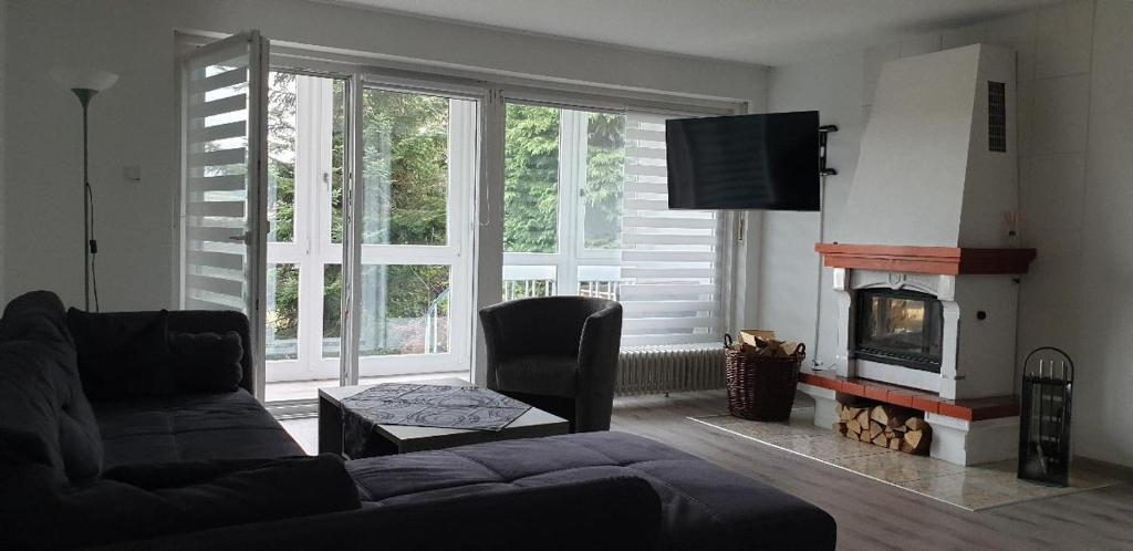 ein Wohnzimmer mit einem Sofa und einem Kamin in der Unterkunft Ferienwohnung Quednau in Grafenau