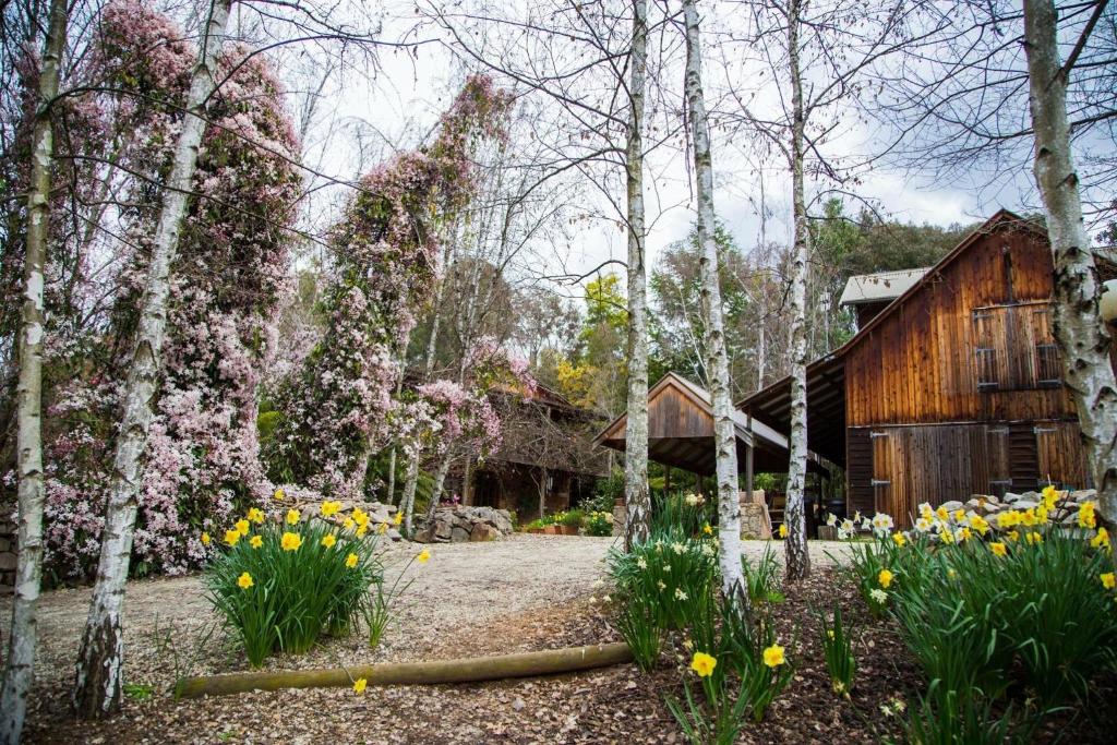 a garden with flowers and a wooden cabin at Lothlorien in Mount Beauty