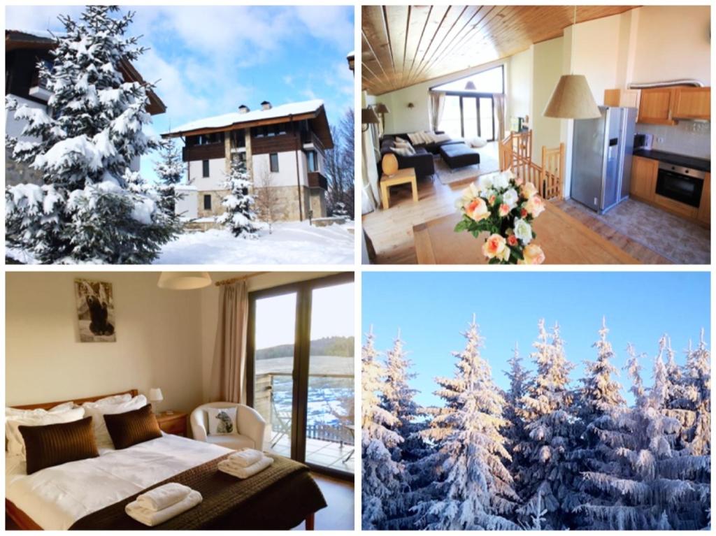 a collage of four pictures of a christmas tree at Chalet Mechka in Borovets