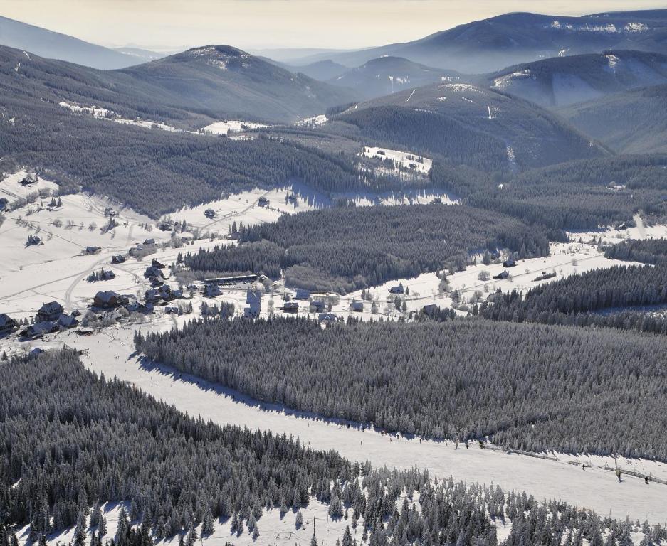 une vue aérienne sur une montagne enneigée avec des arbres dans l'établissement Villa la Val, Karkonosze, à Szarocin