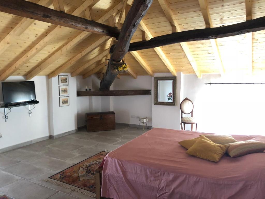 een slaapkamer met een bed en een tv in een kamer bij Ampio e luminoso appartamento a 2 passi da Pavia in Cava Manara