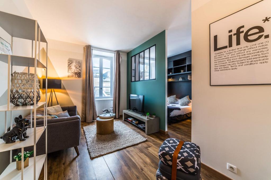 a living room with a couch and a bed at Le Studio Reynal - 1 Chambre in Brive-la-Gaillarde