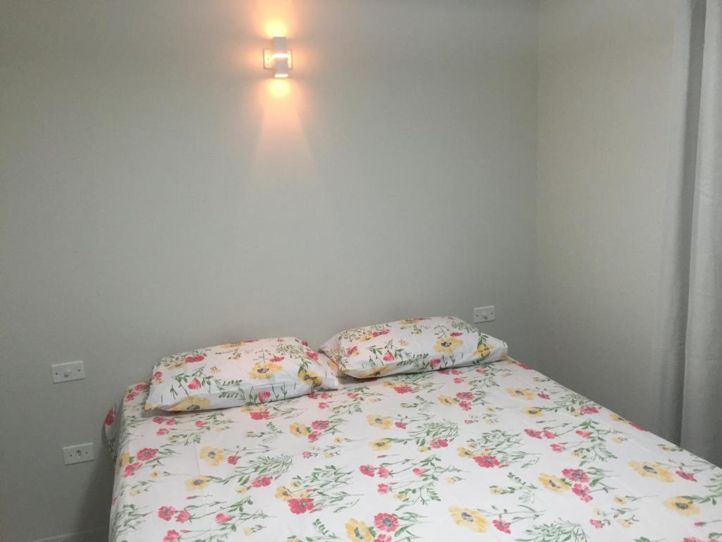 1 cama con 2 almohadas y una luz en la pared en Flat Condomínio Serra Negra en Bezerros
