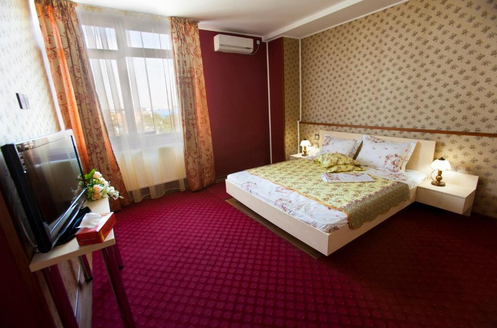 布加勒斯特的住宿－拉吉爾酒店，一间卧室设有一张床、一台电视和一个窗口。