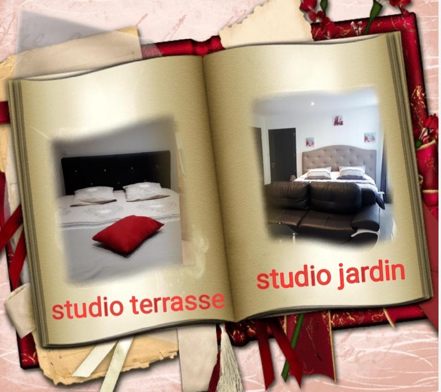 un libro abierto con una foto de un dormitorio en Au Paradis des Crins avec un studio rez de chaussée jardin et studio en duplex avec terrasse, en Templeuve