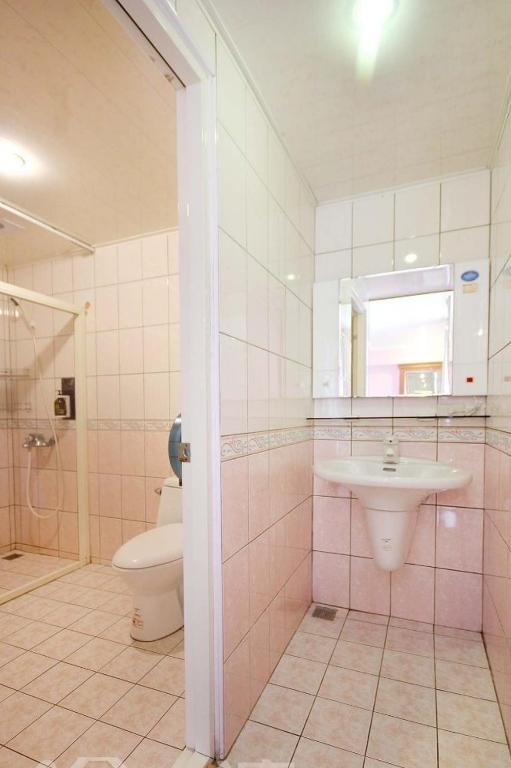 a bathroom with a toilet and a sink and a shower at Cingjing Four Seasons B&amp;B in Ren&#39;ai