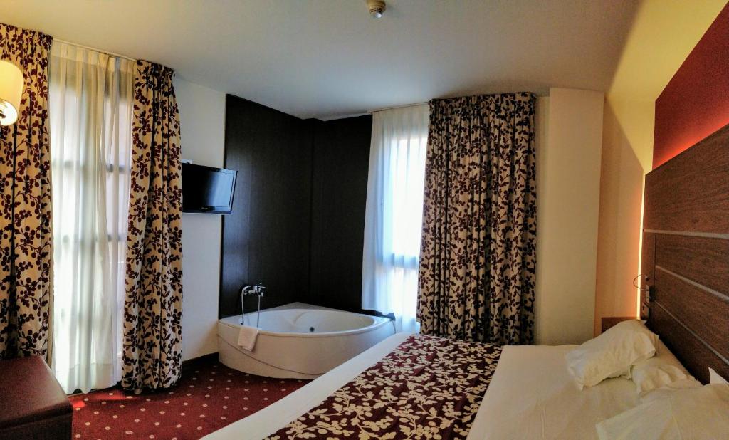 Habitación de hotel con cama y bañera en Alameda Centro en Soria