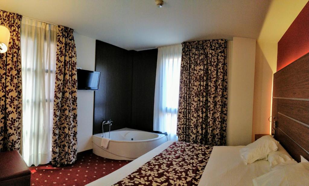 um quarto de hotel com uma cama e uma banheira em Alameda Centro em Soria