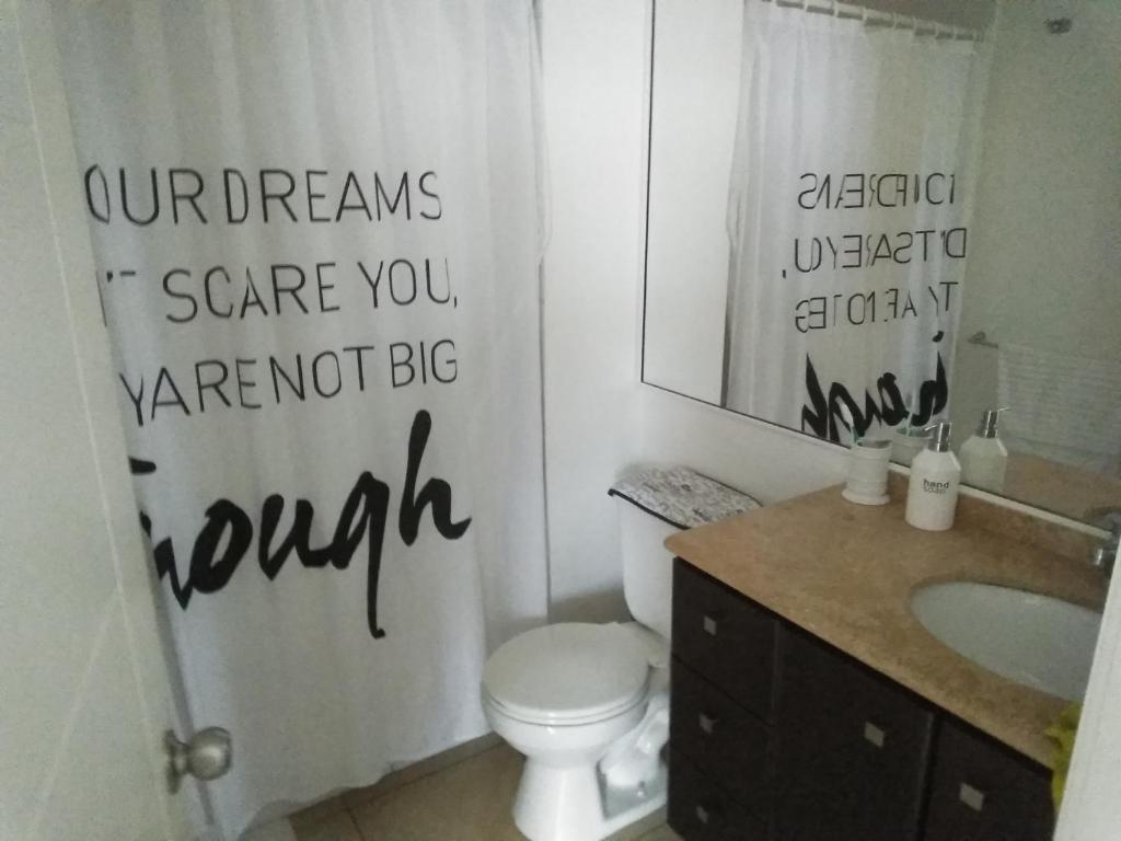 Un baño con inodoro y cortina de ducha en La Serena hermosa, en La Serena