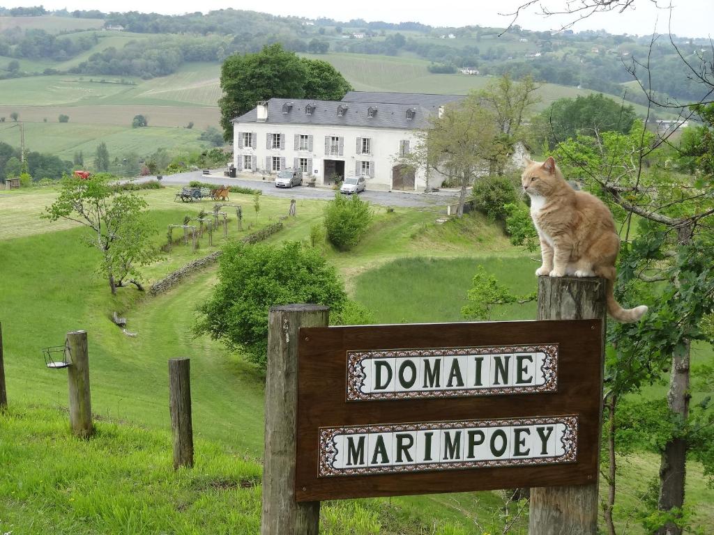 un gato está sentado encima de una señal en Maison d'hôtes Marimpoey en Monein