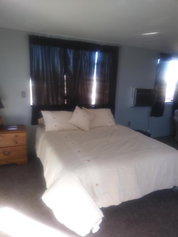 a bedroom with a large white bed with windows at Mountain view efficiency in Tombstone