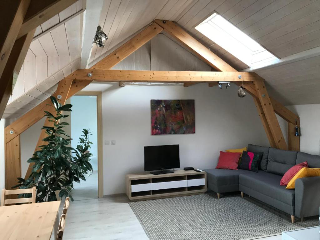 a living room with a blue couch and a tv at Vaals B&B Suite Apartment in Vaals