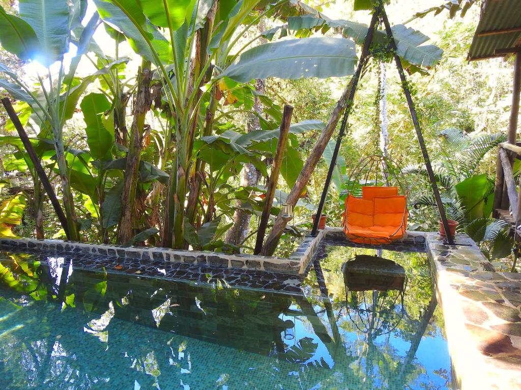 an orange chair in a swing over a swimming pool at Canaima Chill House in Santa Teresa Beach
