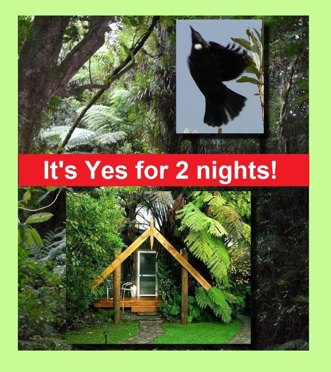 a collage of pictures of a cabin in a forest at Mount Tutu Eco-Sanctuary in Ohauiti