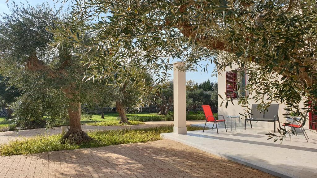une terrasse avec 2 chaises et une table sous un arbre dans l'établissement Tra gli ulivi, à Putignano