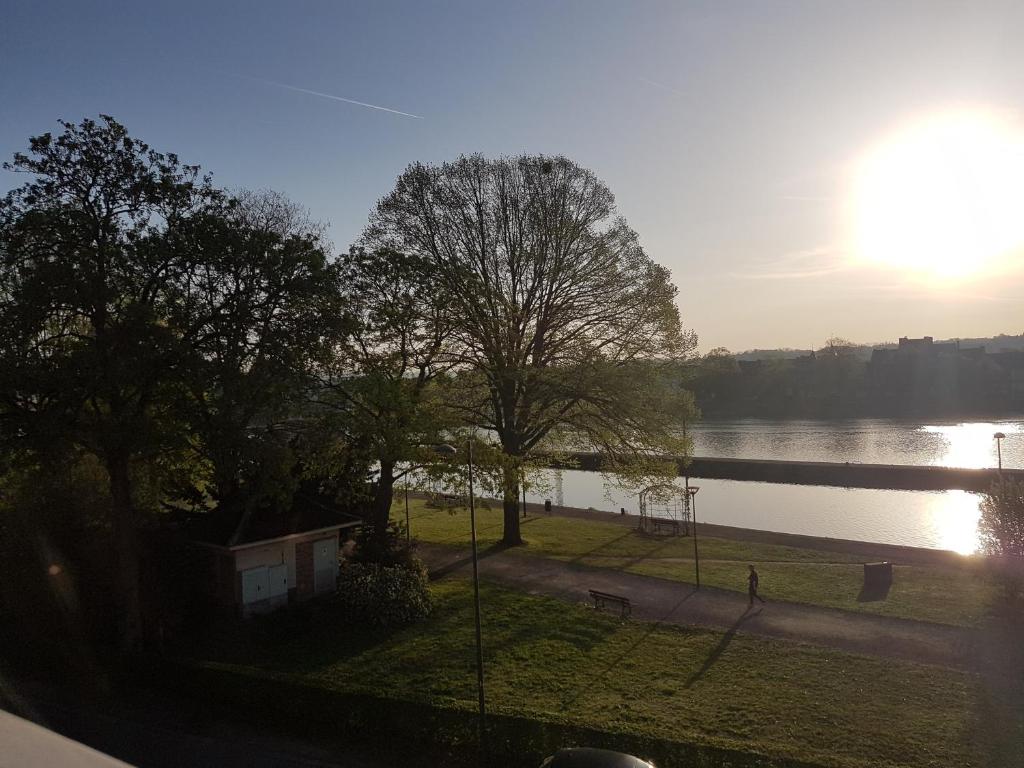 a view of a park with a lake and trees at Au fil de l eau in Namur