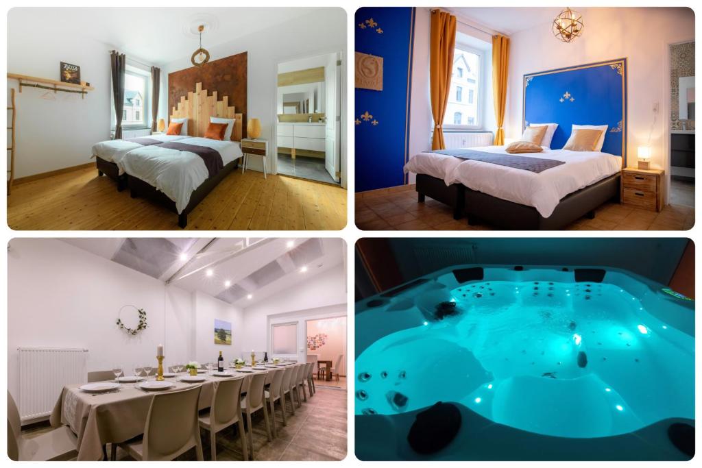 un collage de cuatro fotos de una habitación de hotel con piscina en Zythogite, 23 personnes, 9 chambres, 6 salles de bain, bbq, jacuzzi, jardin, billard, en Tintigny