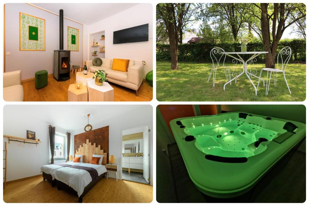 un collage di quattro immagini di un soggiorno e di una camera con piscina di Zythogite Appartement 9 personnes, jardin, bbq a Tintigny